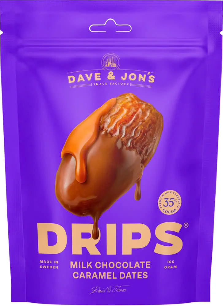 Dave & Jons Drips Taatelit Kinuskilla & Maitosuklaalla 100g
